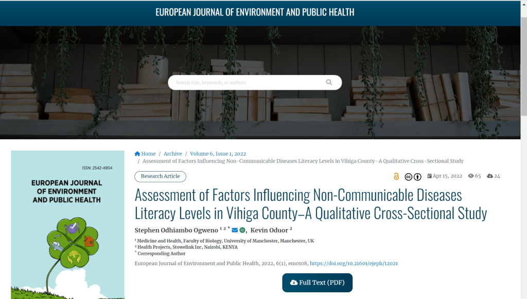 OGWENO AND ODUOR’S NEW RESEARCH ARTICLE ON VIHIGA COUNTY PUBLISHED IN AN INTERNATIONAL&nbsp;JOURNAL